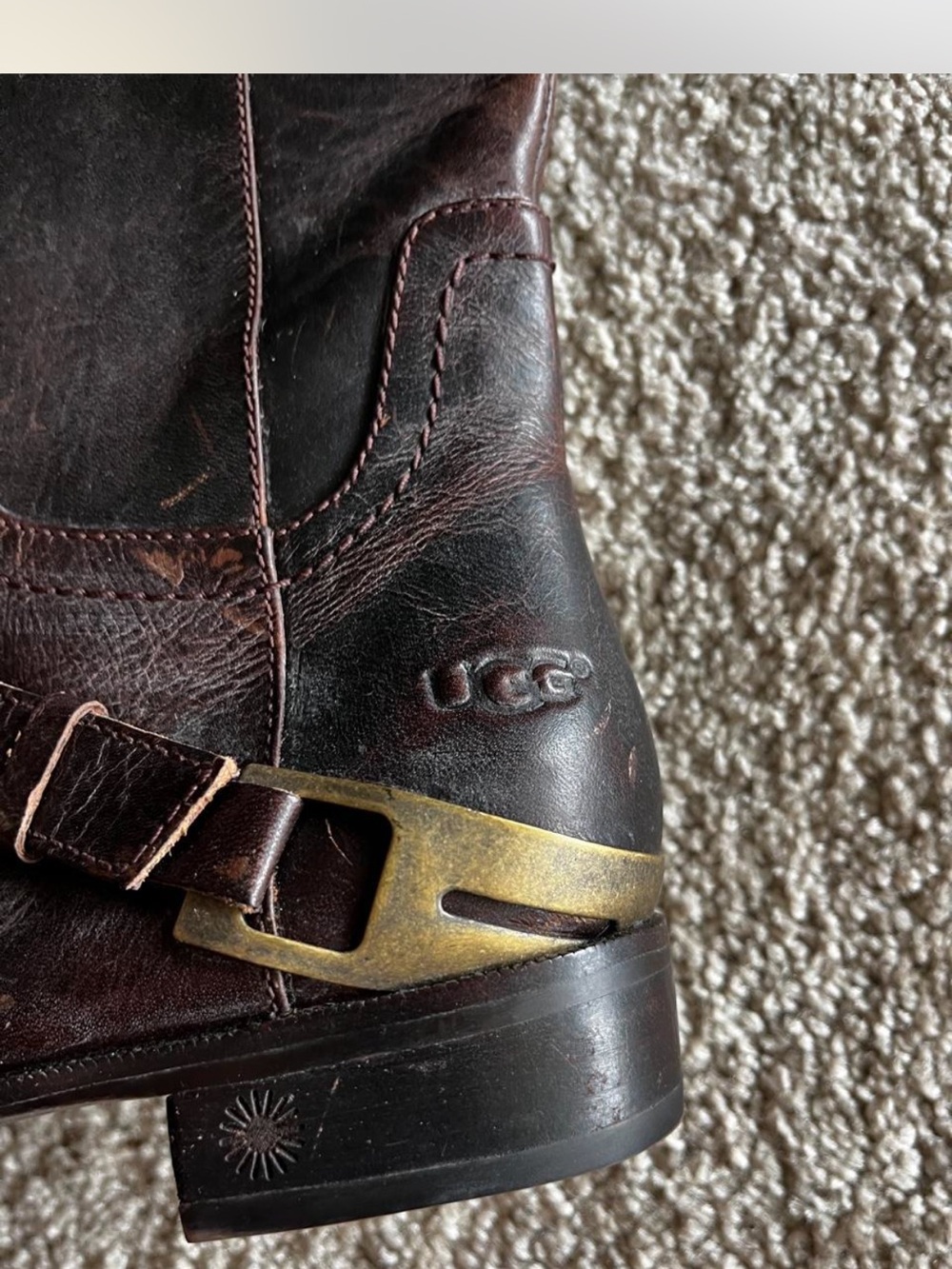 UGG Woman Dark Brown Leather Harness Boot with Brass Buckle